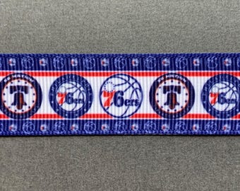 PHILADELPHIA 76ers Logos on 7/8" White Grosgrain Ribbon with Decorative Borders - 3 Yards