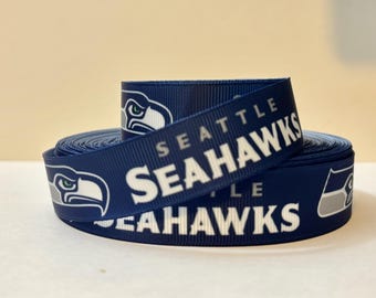 SEATTLE SEAHAWKS - Alternating Logos on 7/8" Navy Grosgrain Ribbon - 3 Yards