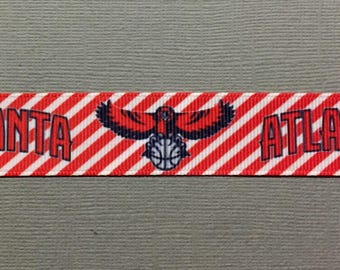 ATLANTA HAWKS 7/8" Alternating Logos on Red and White-Striped Grosgrain Ribbon - 3 Yards