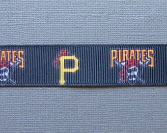 PITTSBURGH PIRATES- 7/8" Alternating Logos on Black Grosgrain Ribbon - 3 Yards