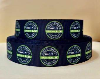SEATTLE SEAHAWKS - Super Bowl LX Champions 2026 1" Repeating Logos on Grosgrain Ribbon - 3 Yards