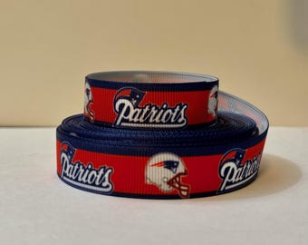 NEW ENGLAND PATRIOTS - 5/8" Alternating Logos on Red with Navy Borders Grosgrain Ribbon - 3 Yards
