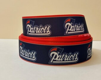 NEW ENGLAND PATRIOTS - Repeating Logos on 7/8" Navy with Red Borders Grosgrain Ribbon - 3 Yards