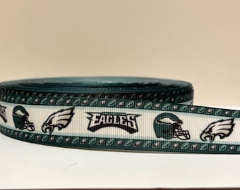 PHILADELPHIA EAGLES Logos on 7/8" White Grosgrain Ribbon  with Green Borders - 3 Yards