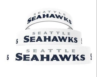 SEATTLE SEAHAWKS - Repeating Logos on 7/8" White Grosgrain Ribbon - 3 Yards