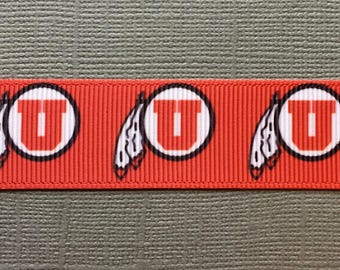 UTAH UTES Repeating Logos on 7/8" Red Grosgrain Ribbon - 3 Yards