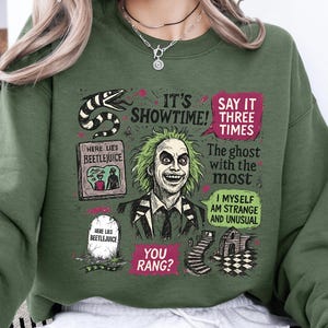 Retro Beetlejuice Spooky Sweatshirt, Halloween Movie Crewneck, Strange and Unusual Cozy Pullover, It’s Showtime Horror Top