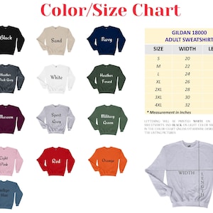 The image is a color/size chart for a GILAN 182000 adult sweatshirt. It displays various color options and corresponding sizes, along with a measurement chart for the sweatshirt's width, length, and height.
