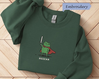 Embroidered Huzzah Frog Sweatshirt, Gildan 18000, Funny DnD Pullover, Renaissance Faire Frog Crewneck, Medieval Fantasy Gamer Gift