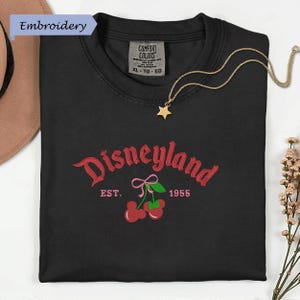 a black t-shirt with a Disneyland logo and text, along with a necklace and some flowers.