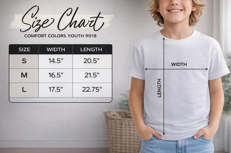 A young boy is standing next to a size chart, smiling and wearing a white t-shirt. The chart provides measurements for different shirt sizes, including S, M, L, and XL, along with corresponding widths and lengths.
