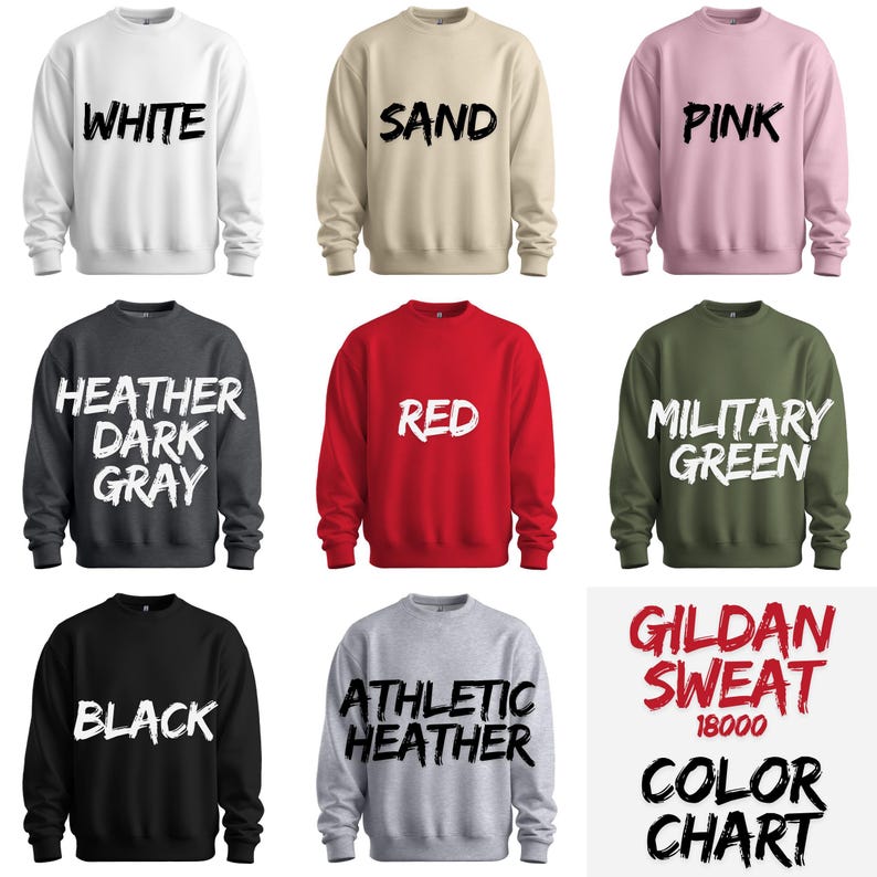 a collection of nine different sweatshirts, each with a unique color and design, arranged in a grid pattern.