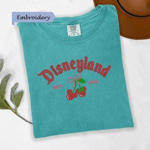 A turquoise t-shirt with a Disneyland logo and text, along with a brown hat, is displayed on a white surface.