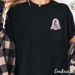 Custom Ghost with Diet Coke Embroidered T Shirt, Halloween Ghost with Cola Shirts, Fall Embroidery Tee, Cute Spooky Season T Shirt