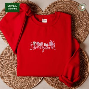 A red sweater with the text "Disneyworld" printed on it, placed on a woven placemat.