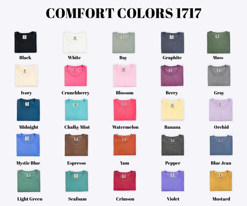 a collection of 17 different colored t-shirts, each with a unique color and design, arranged in a grid format.