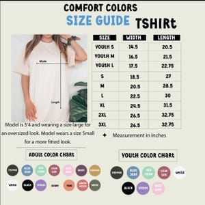 The image is a size guide for a T-shirt, providing measurements and color charts for different age groups and sizes.