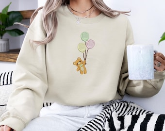 Embroidered Teddy Bear Balloon Sweatshirt, Cozy Jumper, Velvet Embroidery Hoodie