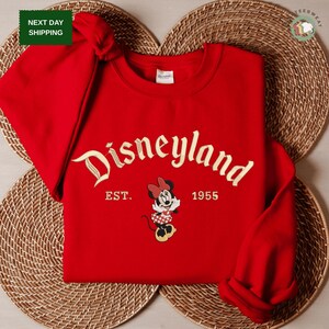 A red Disneyland-themed sweatshirt with Minnie Mouse printed on it, placed on a woven placemat.