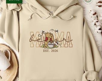 Custom Pooh Bear Mama Est 2026 Embroidered Sweatshirt, Mothers Day Tee