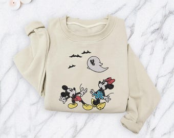 Spooky Mickey and Minnie Embroidered Halloween Sweatshirt, Disney Ghost Crewneck Sweater, Cute Embroidery Pullover, Fall Holiday Gift