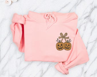 Halloween Pumpkin Embroidered Sweatshirt, Cute Cherry Pumpkins Sweater, Fall Autumn Cozy Embroidery Pullover, Spooky Pumpkin Crewneck