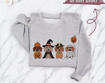 Halloween Embroidered Puppy Sweatshirt, Cute Dog in Costume Hoodie, Fall Cozy Embroidery Pullover, Spooky Season Dog Crewneck