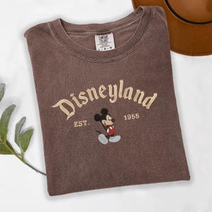 A brown t-shirt with a Mickey Mouse graphic and text, along with a brown hat, is displayed on a white surface.
