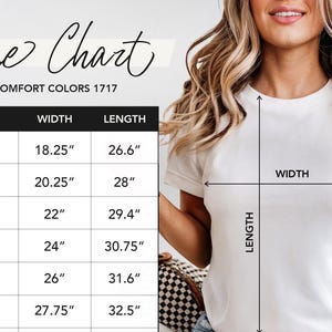 The image is a size chart for a white t-shirt, showing the measurements for different sizes. The chart includes a woman posing next to the chart, and there is a table with the size and corresponding width measurements.