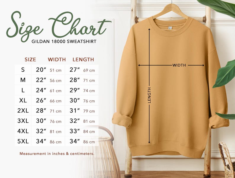a size chart for a GILLET 1800 sweatshirt, with measurements for different sizes ranging from S to L. The chart includes a diagram of the sweatshirt and a plant in the background.
