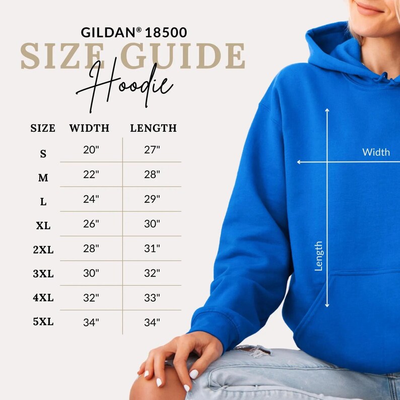 A person wearing a blue hoodie is shown in the image, with a size guide for the hoodie displayed next to them.