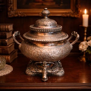 May include: An antique silver serving dish with a lid, handles, and a decorative base. The dish features intricate floral patterns and is displayed on a dark wooden surface. A stack of books and a lit candle are in the background.