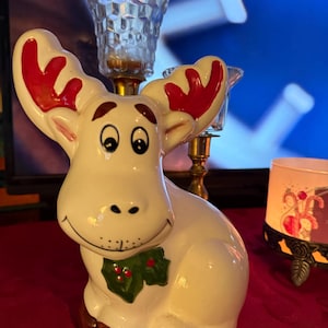 Vintage 90s Ceramic Moose Votive Holder, Hand-Painted Christmas Figurine, Holiday Reindeer Decor, Whimsical Woodland Winter Mantle Gift- AEP