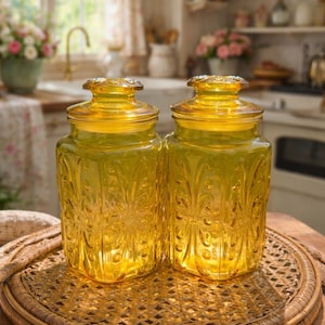 Vintage Amber Glass Canister Jars Set of 2 | Cottagecore Kitchen Decor | Pressed Glass Apothecary Storage Jars | Retro Kitchen Decor
