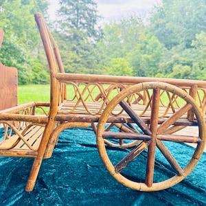 Vintage Mid century Bamboo Bar Cart Rattan Trolley w Wooden Wheels