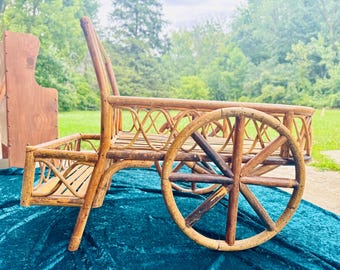 Vintage Mid century Bamboo Bar Cart Rattan Trolley w Wooden Wheels