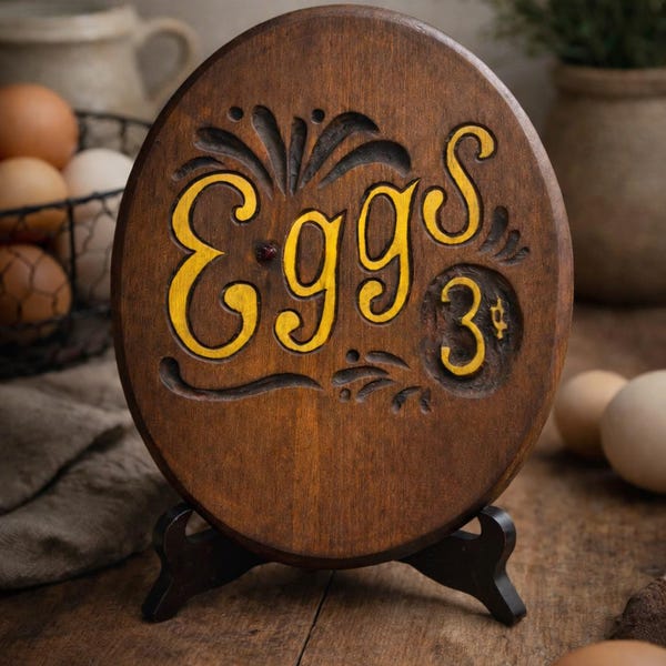 Enseigne de ferme rustique « ufs » en bois – Déco de cuisine de campagne ovale sculptée à la main – Élément décoratif primitif de mur ou d'étagère en cottagecore