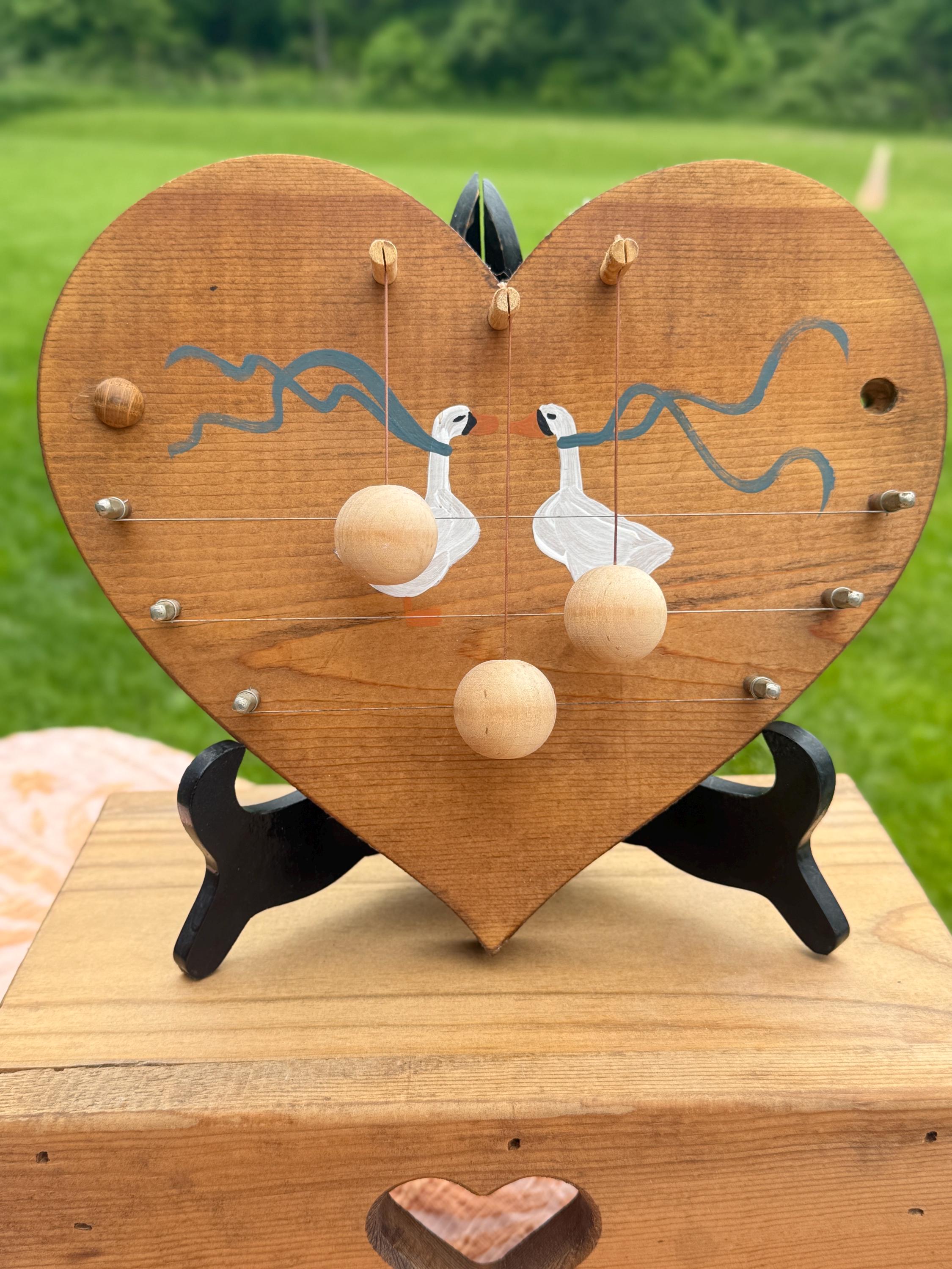 VTG Wooden Heart Shaped 3 String Door Harp Blue Ribbon Goose