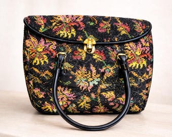 Vintage 1960s Floral Needlepoint Organizer Purse | Tapestry Handbag | Structured Briefcase Style Bag | Granny Chic