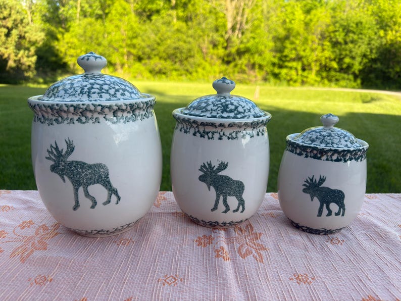 Vintage Tienshan folk craft Moose Country canister set, Country Cabin Kitchen, green & white, rustic country style.