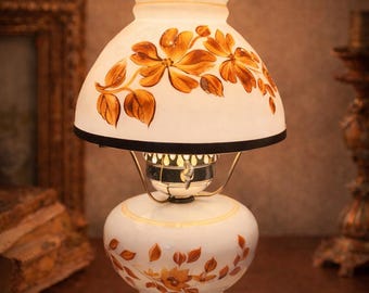 Vintage Milk Glass Electric Lamp, Hand Painted Amber Orange Floral, Hurricane Style Cottagecore Farmhouse Decor, Victorian Accent Table Lamp