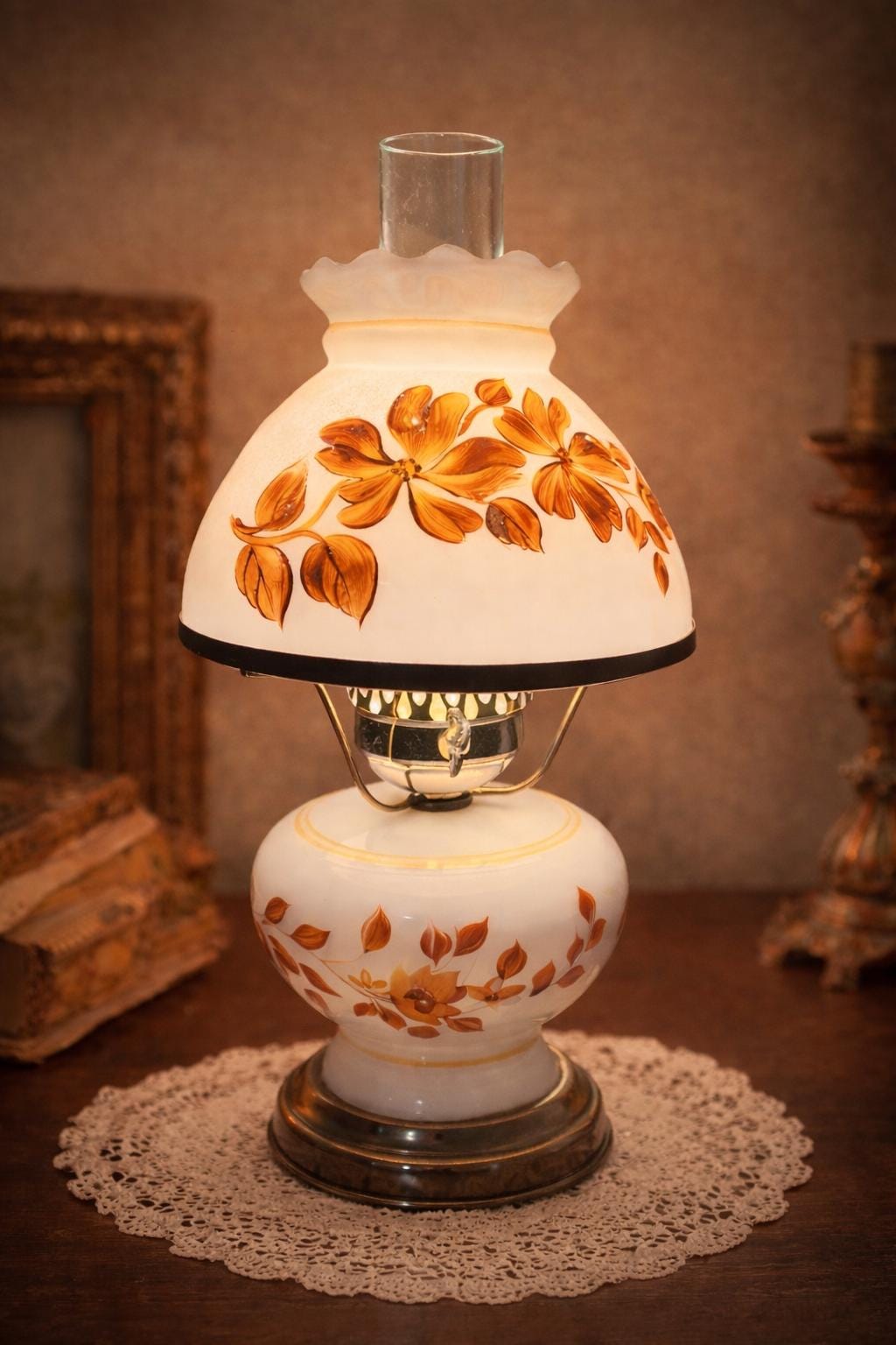 Vintage Milk Glass Electric Lamp, Hand Painted Amber Orange Floral