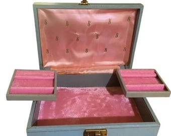 Vintage mid century aqua blue large jewelry box pink velvet lining jewelry case