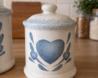 Vintage 1980s Blue Heart Ceramic Canister Set | Cottagecore