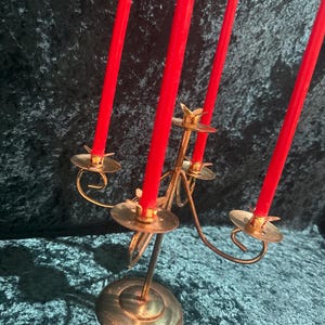 VTG MCM brass candelabra 5 candle stick holder with red candles