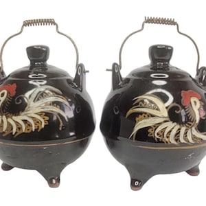 Black Rooster Chicken Teapot Salt & Pepper Shakers Mid Century Japan Redware