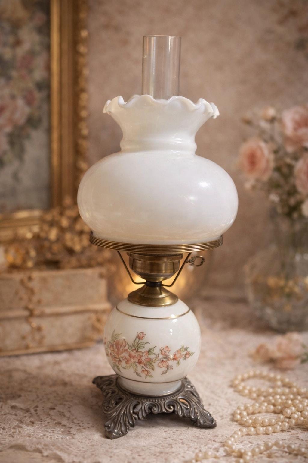 Vintage Electric Hurricane Lamp, Milk Glass Shade Floral Base