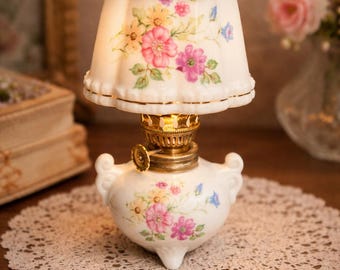 Vintage Floral Oil Lamp, Hand Painted Porcelain Mini Lamp, Cottagecore Victorian Decor, Shabby Chic Accent Light, Antique Style Oil Lamp