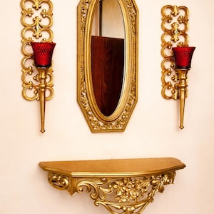 Vintage Hollywood Regency Gold Wall Mirror Console Shelf Set | Ornate Gilded Sconces | Italian Baroque Style Decor