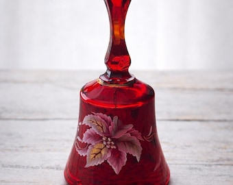 Vintage Fenton Ruby Red Hand-Painted Glass Bell | Signed | USA Art Glass | Floral Collectible Decor